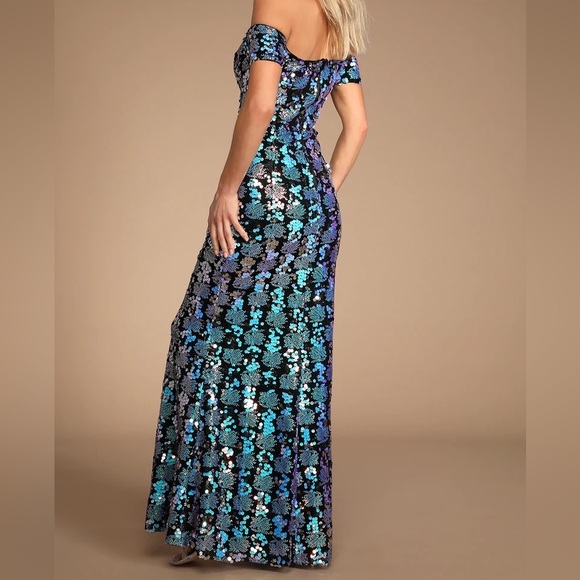 Mermaid LuLu’s Dress 🧜‍♀️ Shades of Blue Sequins ~ Off-the-Shoulder Maxi ✨ S - Picture 3 of 7